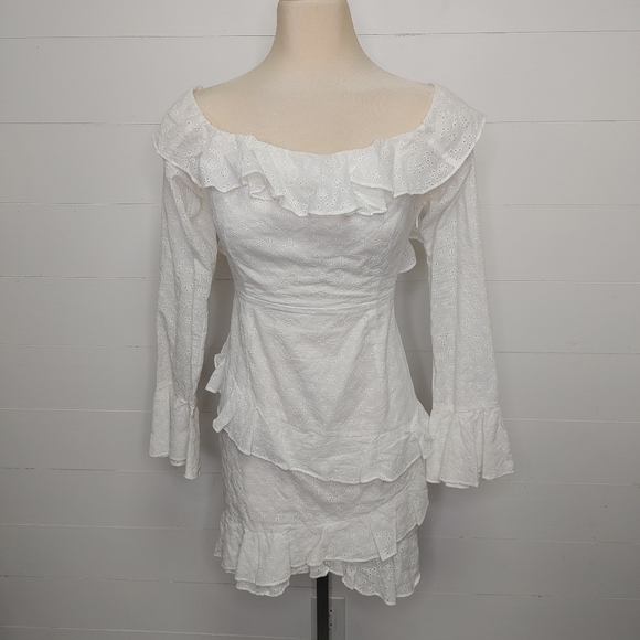 Sabo Luxe White Eyelet Ruffle Mini Dress Size 8 - Picture 3 of 14